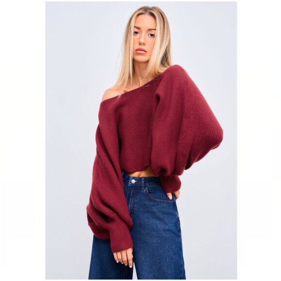 Cider Knit Boat Neck Puff Sleeve Crop Oversized Sweater - Picture 1 of 12